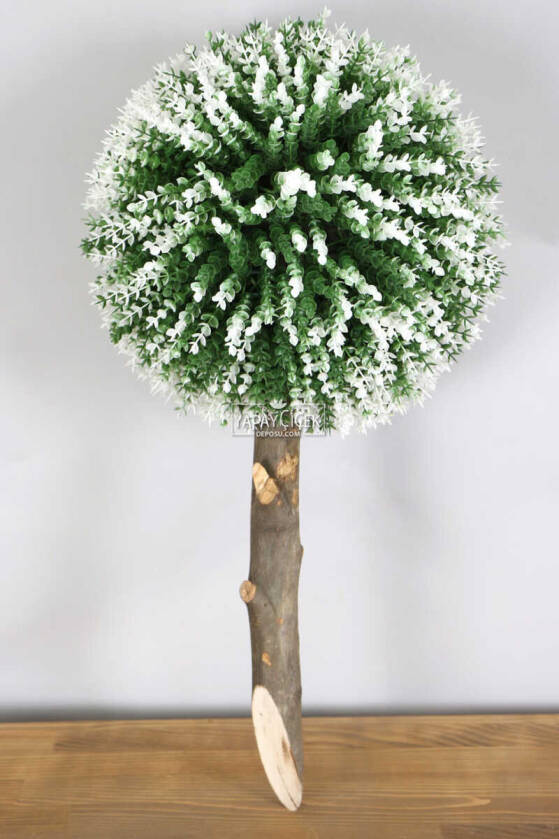 Ağaç Sap Takılı Dekoratif Lüx Şimşir Top Yeşil-Beyaz - 1