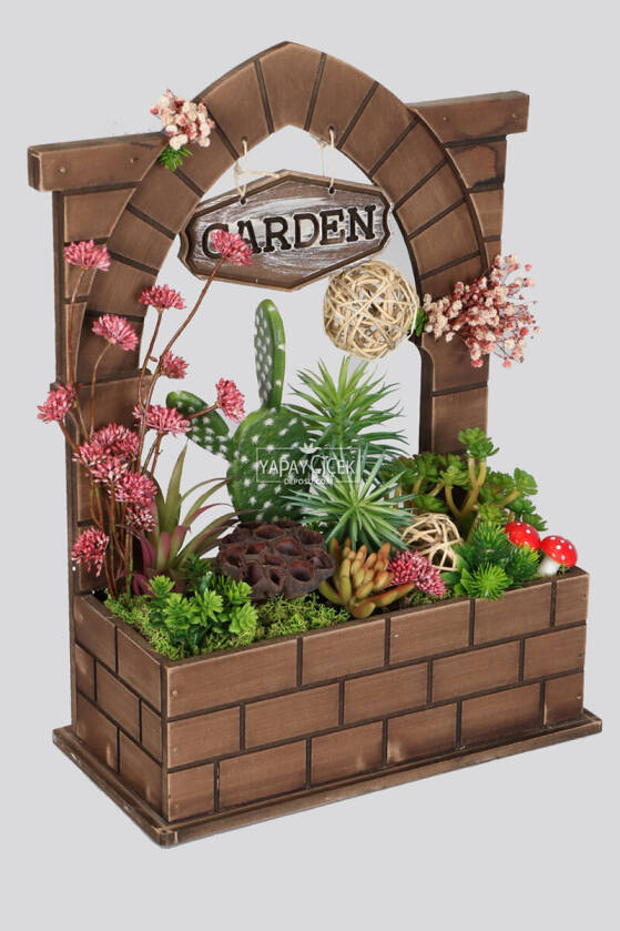 Ahşap Saksıda Yapay Botanik Bahçesi Sukulent Model - 1