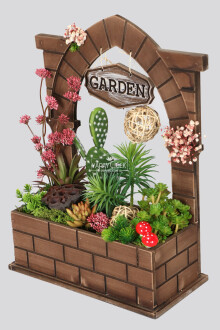 Ahşap Saksıda Yapay Botanik Bahçesi Sukulent Model - 2