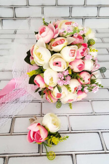Akalia Gelin Buketi Şakayık Güller Pembe Beyaz Pastel Tonlar 2li Set - 2