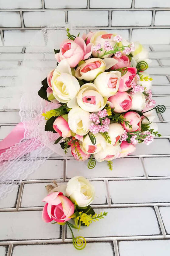 Akalia Gelin Buketi Şakayık Güller Pembe Beyaz Pastel Tonlar 2li Set - 2