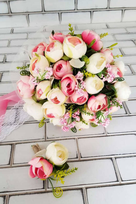 Akalia Gelin Buketi Şakayık Güller Pembe Beyaz Pastel Tonlar 2li Set - 3