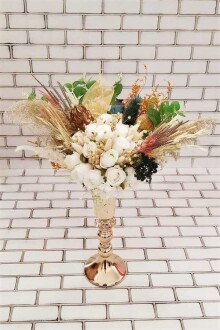 Alfa Beyaz Gül ve Kuru Çiçek Şöleni Dekor Kız İsteme Hediyelik Aranjman Beyaz Yeşil - Yapay Çiçek Sitesi