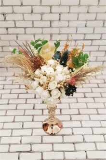 Alfa Beyaz Gül ve Kuru Çiçek Şöleni Dekor Kız İsteme Hediyelik Aranjman Beyaz Yeşil - 2