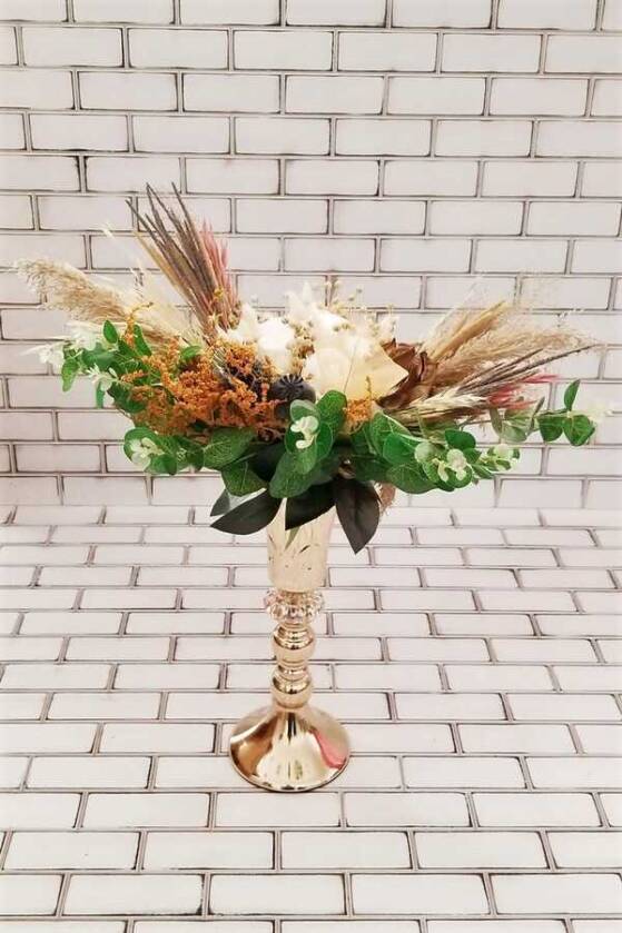 Alfa Beyaz Gül ve Kuru Çiçek Şöleni Dekor Kız İsteme Hediyelik Aranjman Beyaz Yeşil - 3