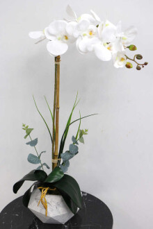 Beton Geometrik Saksıda Tekli Yapay Islak Orkide Beyaz - Yapay Çiçek Sitesi