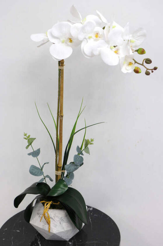 Beton Geometrik Saksıda Tekli Yapay Islak Orkide Beyaz - 1