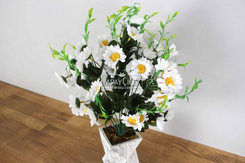 Beton Vazoda Büyük Papatya Tanzimi 55 cm Beyaz - 2