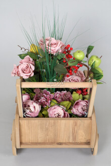 Büyük Boy Ahşap Arabada Yapay Çiçek Aranjmanı Meyve (40cmx50cmx60cm) - 3