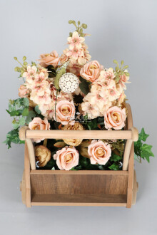 Büyük Boy Ahşap Arabada Yapay Çiçek Aranjmanı Şebboy (40cmx50cmx65cm) - 3