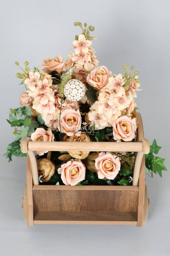 Büyük Boy Ahşap Arabada Yapay Çiçek Aranjmanı Şebboy (40cmx50cmx65cm) - 3