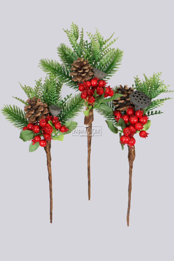 Dekoratif 3lü Kırmızı Yılbaşı Çiçeği Yapay Kokina Yılbaşı Süsü 30 cm - 1