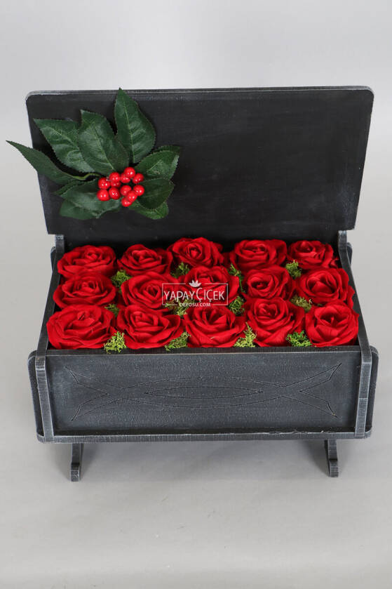 Dekoratif Ahşap Kutuda Yapay 15li Kadife Gül (20cmx30cmx17cm) - 1