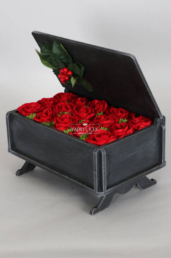 Dekoratif Ahşap Kutuda Yapay 15li Kadife Gül (20cmx30cmx17cm) - 2