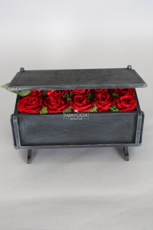 Dekoratif Ahşap Kutuda Yapay 15li Kadife Gül (20cmx30cmx17cm) - 4