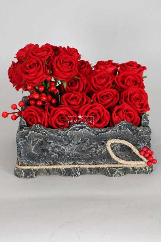 Dekoratif Ahşap Kutuda Yapay 20li Kadife Gül (23cmx30cmx24cm) - 1