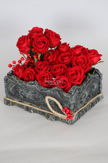 Dekoratif Ahşap Kutuda Yapay 20li Kadife Gül (23cmx30cmx24cm) - 2