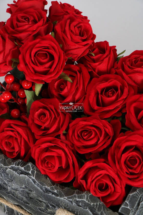Dekoratif Ahşap Kutuda Yapay 20li Kadife Gül (23cmx30cmx24cm) - 3