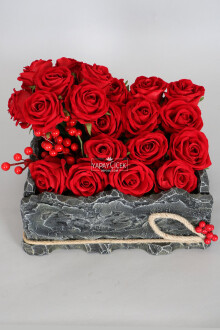 Dekoratif Ahşap Kutuda Yapay 20li Kadife Gül (23cmx30cmx24cm) - 4