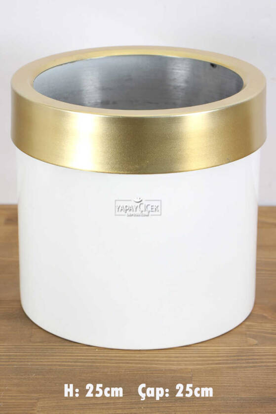 Dekoratif Metal Saksı Beyaz Altın 25 cm - 1