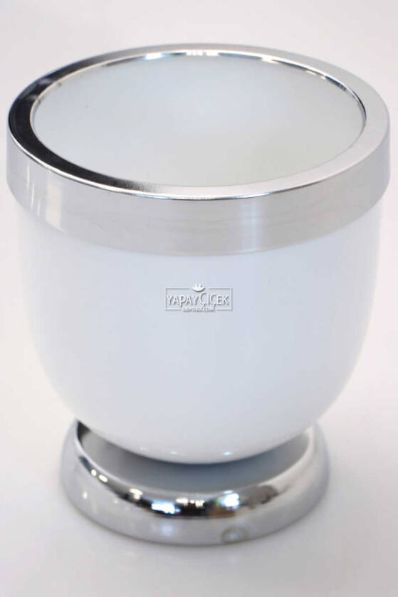 Dekoratif Metal Vazo - Saksı Beyaz Gümüş 17 cm - 1