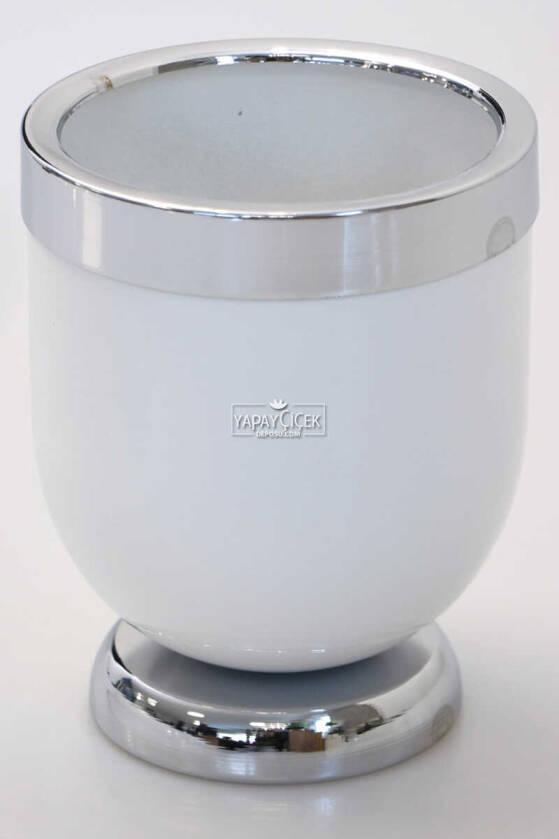 Dekoratif Metal Vazo - Saksı Beyaz Gümüş 20 cm - 1