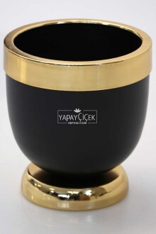 Dekoratif Metal Vazo - Saksı Siyah Altın 17 cm - Yapay Çiçek Sitesi
