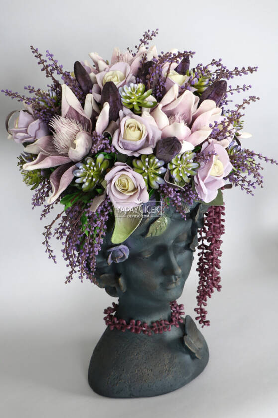 Dev Helen Heykel Büst Saksıda Çiçek Aranjmanı 60 cm Mor Tonlar - 2