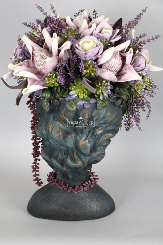 Dev Helen Heykel Büst Saksıda Çiçek Aranjmanı 60 cm Mor Tonlar - 5