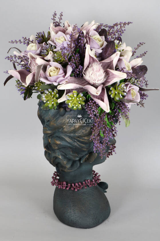 Dev Helen Heykel Büst Saksıda Çiçek Aranjmanı 60 cm Mor Tonlar - 6