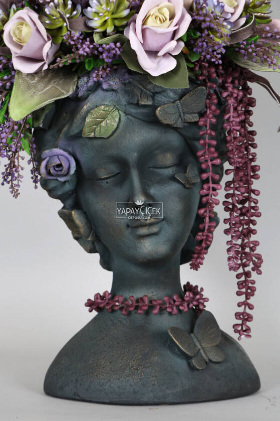 Dev Helen Heykel Büst Saksıda Çiçek Aranjmanı 60 cm Mor Tonlar - 7