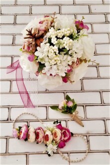 Gelin Buketi Asopus Beyaz Gül ve Mor Şakayık 3lü Set - Yapay Çiçek Sitesi