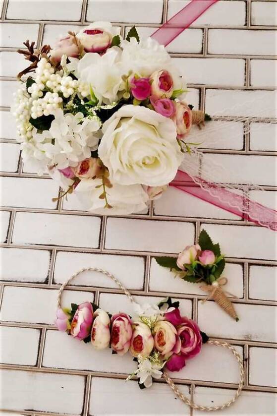 Gelin Buketi Asopus Beyaz Gül ve Mor Şakayık 3lü Set - 2