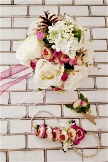 Gelin Buketi Asopus Beyaz Gül ve Mor Şakayık 3lü Set - 3