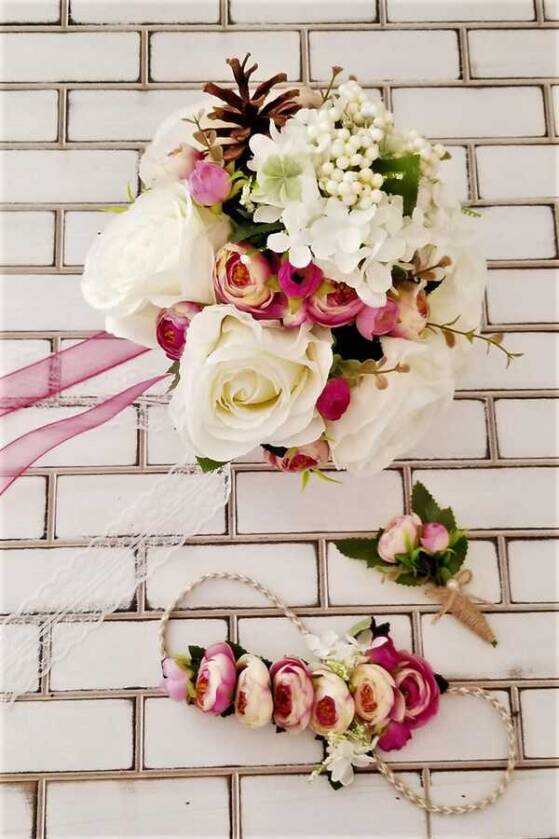 Gelin Buketi Asopus Beyaz Gül ve Mor Şakayık 3lü Set - 3