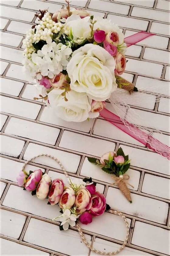 Gelin Buketi Asopus Beyaz Gül ve Mor Şakayık 3lü Set - 4