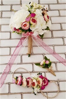 Gelin Buketi Asopus Beyaz Gül ve Mor Şakayık 3lü Set - 5