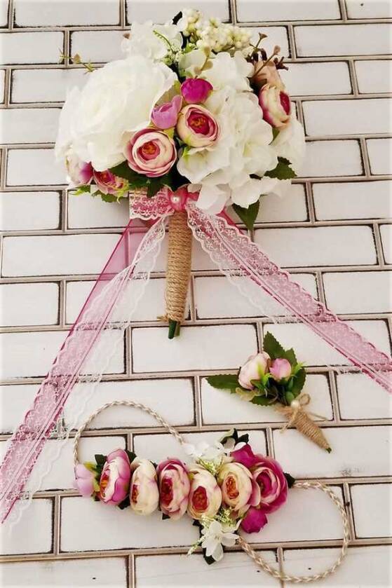 Gelin Buketi Asopus Beyaz Gül ve Mor Şakayık 3lü Set - 5