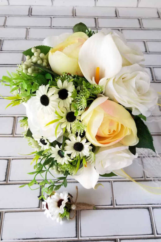 Gelin Buketi Dios Beyaz Gül Sarı Şakayık va Papatyalar Kokteyli 2li Set - 2