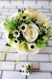 Gelin Buketi Dios Beyaz Gül Sarı Şakayık va Papatyalar Kokteyli 2li Set - 3