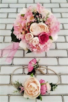 Gelin Buketi Zoya Pudra Şakayıklar ve Ortanca 3lü Set - Yapay Çiçek Sitesi