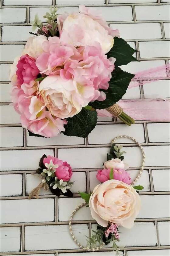 Gelin Buketi Zoya Pudra Şakayıklar ve Ortanca 3lü Set - 2