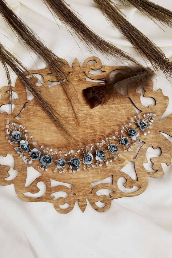 Gri Minik Güllü Kristal Gelin Gelin Tacı - 2