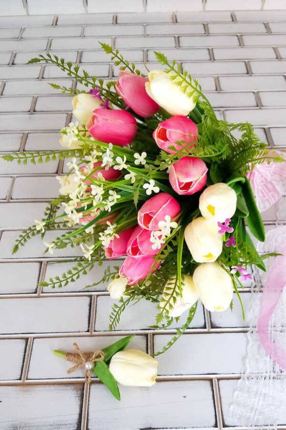 Herodes Islak Lale Gelin Buketi 2li Set Pembe Beyaz - 1