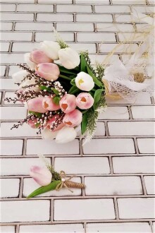 Islak Lale Gelin Çiçeği 2li Set Beyaz- Pembe - Yapay Çiçek Sitesi