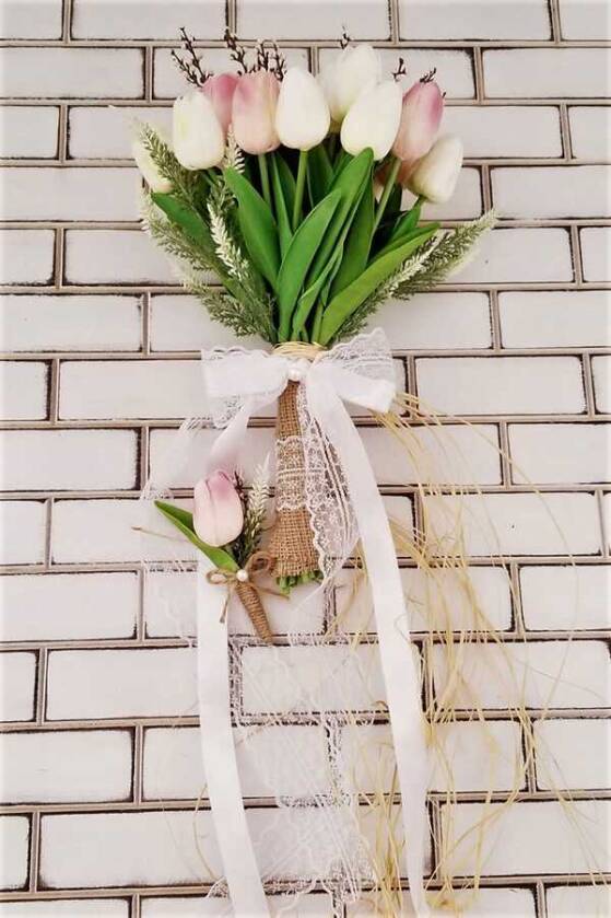 Islak Lale Gelin Çiçeği 2li Set Beyaz- Pembe - 3