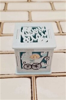 Kızımız Geldi Yazılı Ahşap Kutu Mavi Kız Bebek Mevlit Şekeri - Yapay Çiçek Sitesi