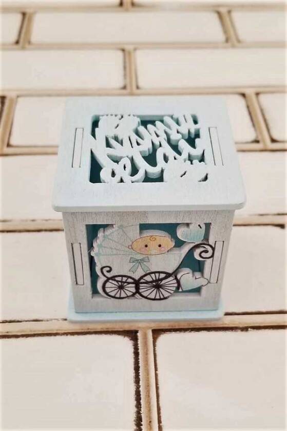 Kızımız Geldi Yazılı Ahşap Kutu Mavi Kız Bebek Mevlit Şekeri - 1