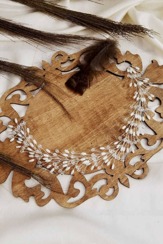 Kristal Yassı İnci Gelin Tacı - 1