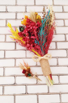 Kuru Çiçek Gelin Buketi Yoko Naturel Kırmızı Turuncu Sarı 2li Set - 3